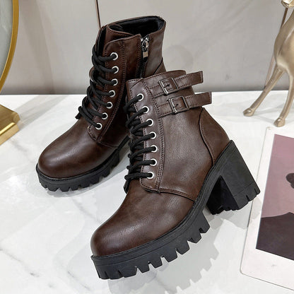 Round-Toe Mid-Heel Ankle Martin Boots with Side Zipper in Solid Color