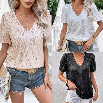 Solid Color Sequin V-Neck Loose Short-Sleeve Women's T-Shirt
