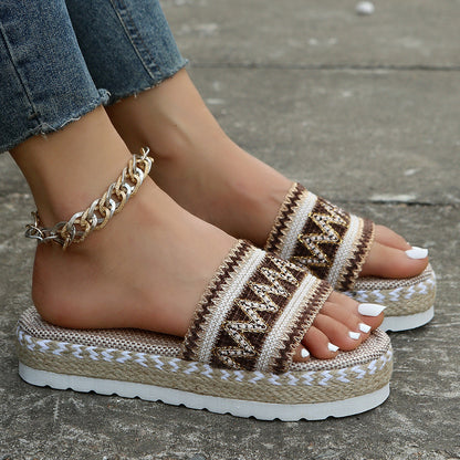 Peep-Toe Wedge Braided Jute Platform Comfortable Slip-On Sandals