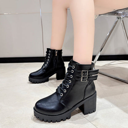 Round-Toe Mid-Heel Ankle Martin Boots with Side Zipper in Solid Color