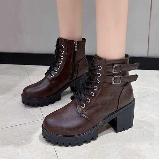 Round-Toe Mid-Heel Ankle Martin Boots with Side Zipper in Solid Color