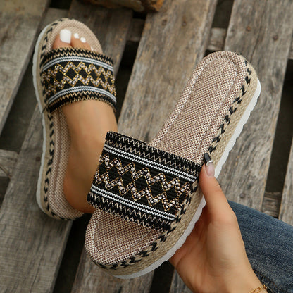 Peep-Toe Wedge Braided Jute Platform Comfortable Slip-On Sandals