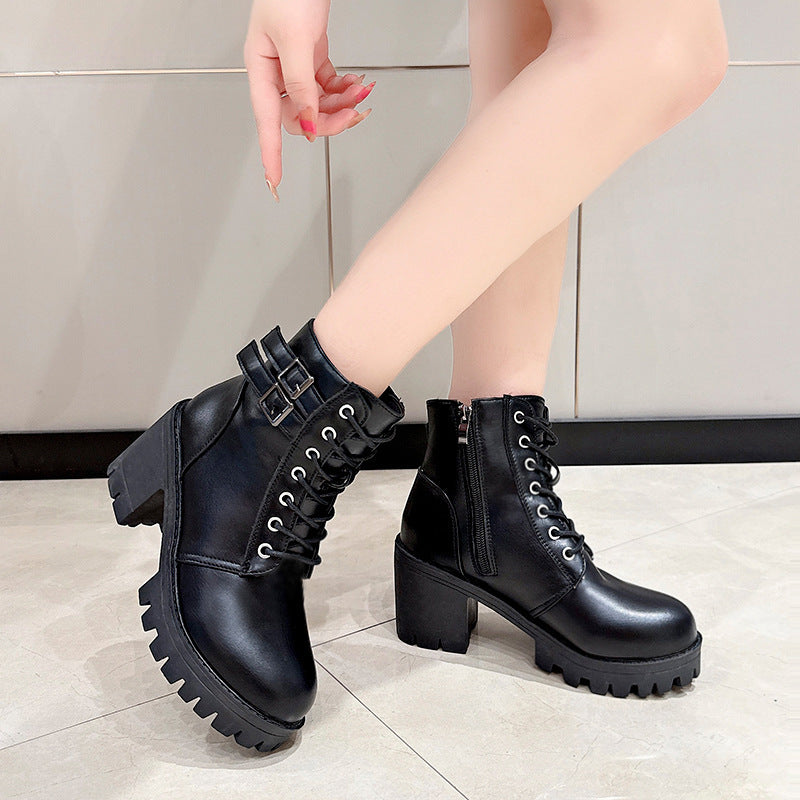 Round-Toe Mid-Heel Ankle Martin Boots with Side Zipper in Solid Color