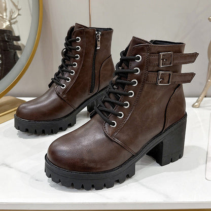 Round-Toe Mid-Heel Ankle Martin Boots with Side Zipper in Solid Color